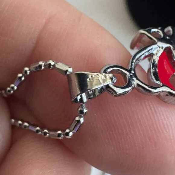 925 Sterling Silver Chain Red Cabochon Pendant Necklace - Picture 6 of 11